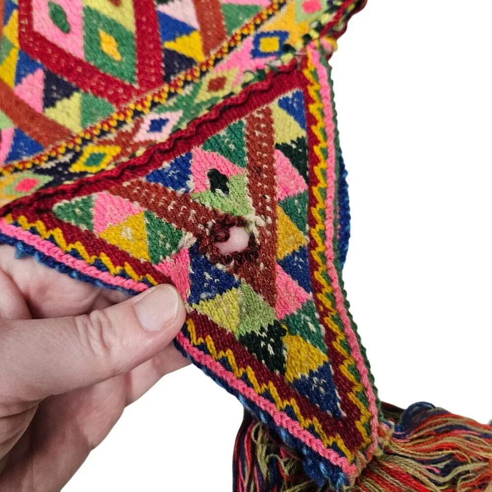 Vintage Hand Knit Tribal Wool Hat Colorful Geometric Patterns Tassels‎ Earflaps